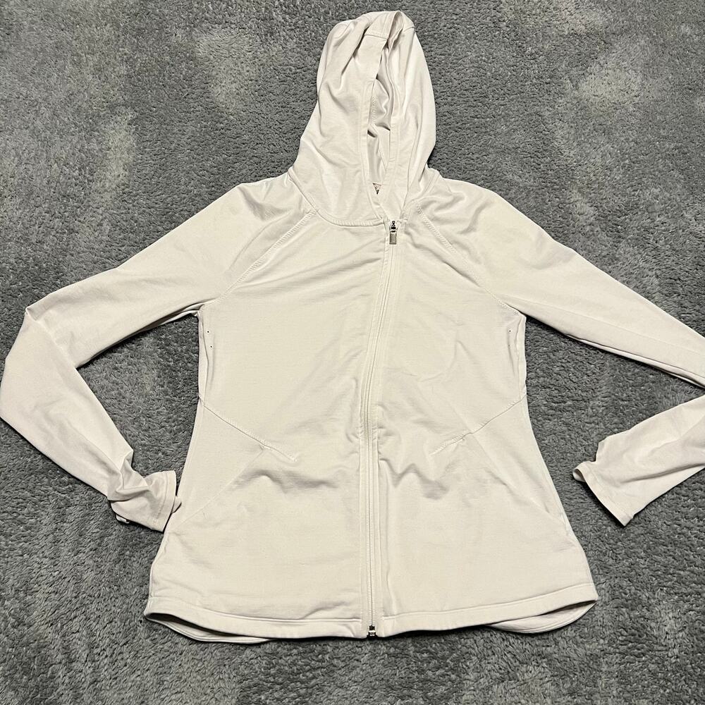 Athleta Pacifica Pleated Jacket Womens XS White Zip Asym Full Zip Hooded **